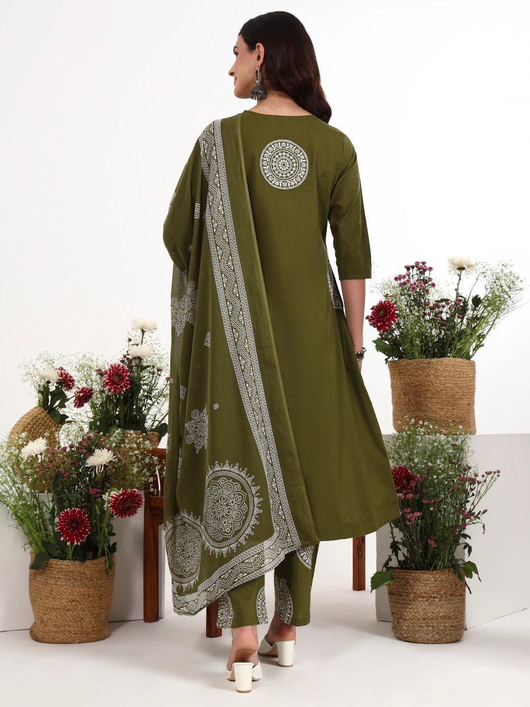 Green Cotton Kalidaar Style Kurta Pant Dupatta Set-Yufta Store-7661SKDGRM