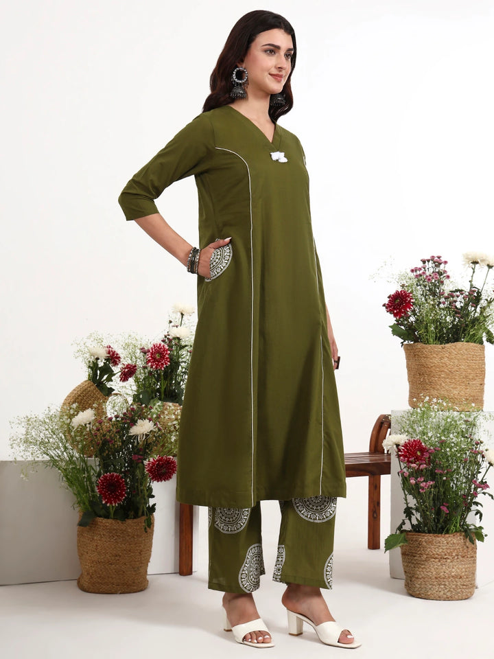 Green Cotton Kalidaar Style Kurta Pant Dupatta Set-Yufta Store-7661SKDGRM