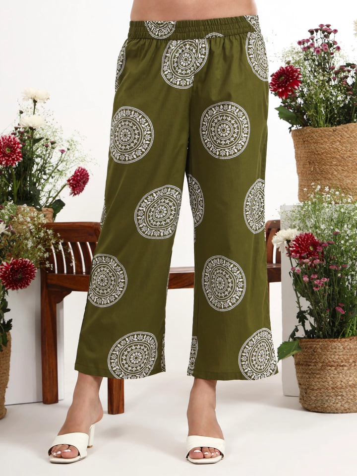 Green Cotton Kalidaar Style Kurta Pant Dupatta Set-Yufta Store-7661SKDGRM