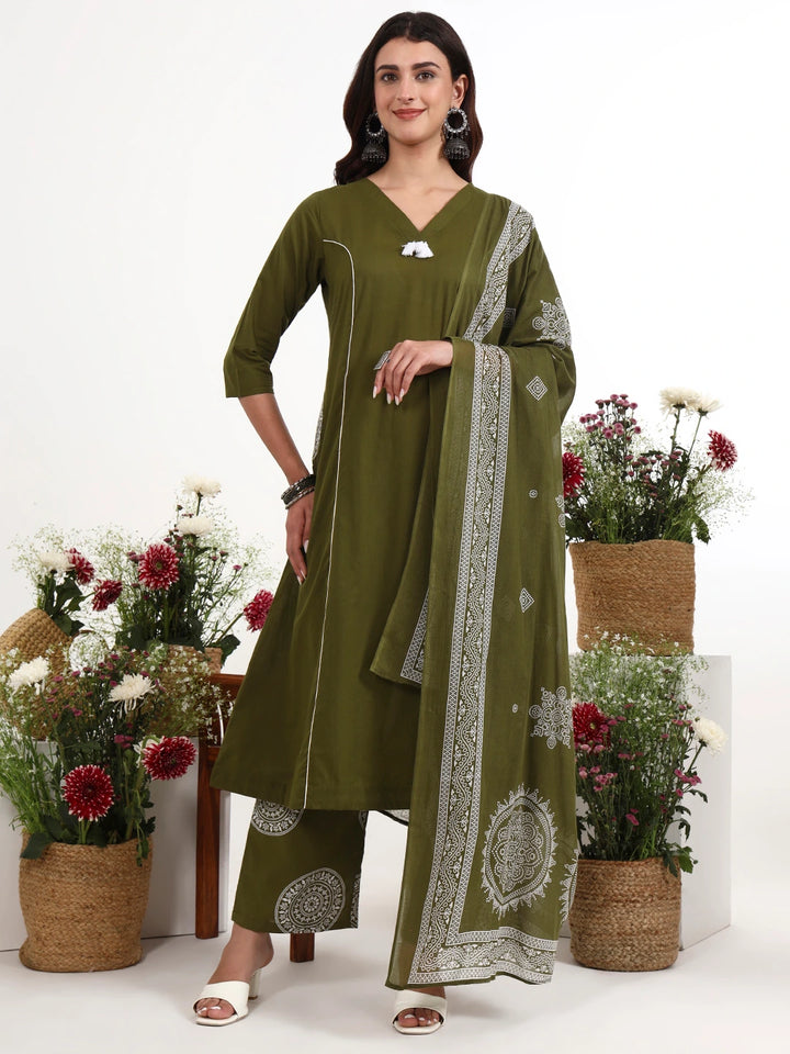 Green Cotton Kalidaar Style Kurta Pant Dupatta Set-Yufta Store-7661SKDGRM