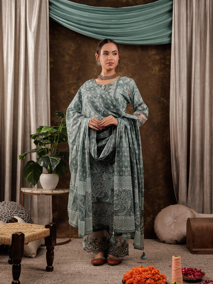 Green Cotton Kurta Dupatta Set With Lace Detailing-Yufta Store-7184SKDGRS