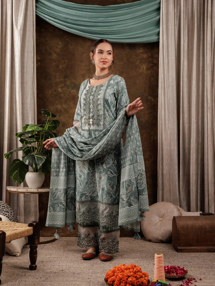 Green Cotton Kurta Dupatta Set With Lace Detailing-Yufta Store-7184SKDGRS