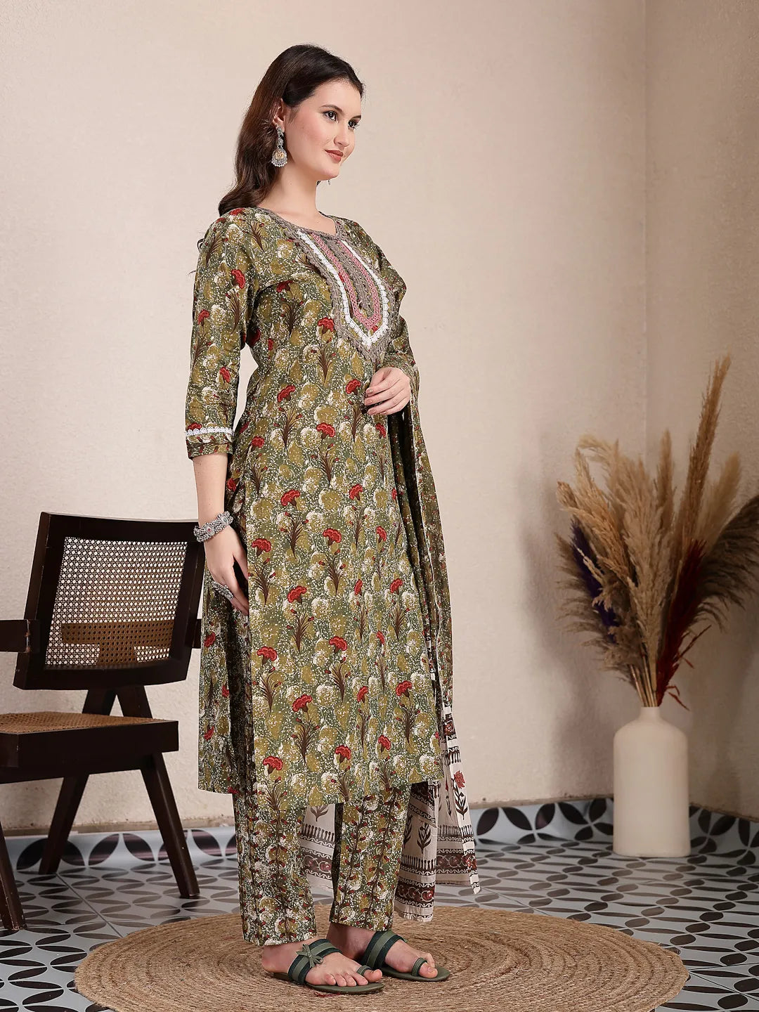 Green Cotton Lace Work On Yoke Straight Kurta Dupatta Pant Set-Yufta Store-6436SKDGRM