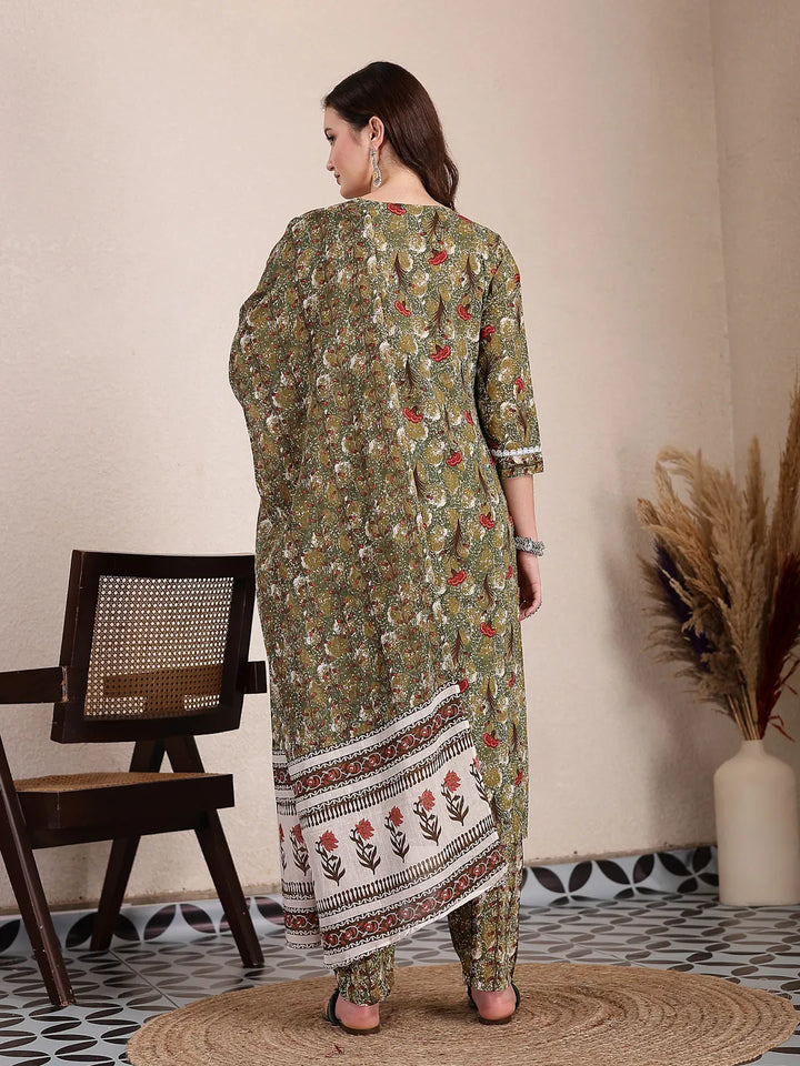 Green Cotton Lace Work On Yoke Straight Kurta Dupatta Pant Set-Yufta Store-6436SKDGRM