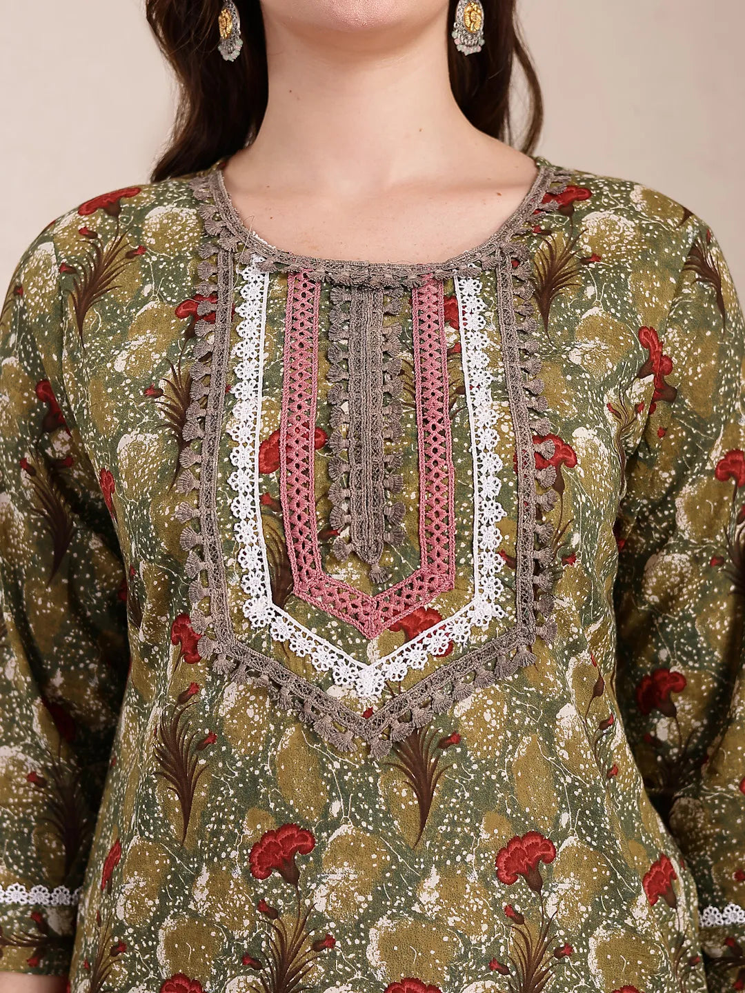 Green Cotton Lace Work On Yoke Straight Kurta Dupatta Pant Set-Yufta Store-6436SKDGRM