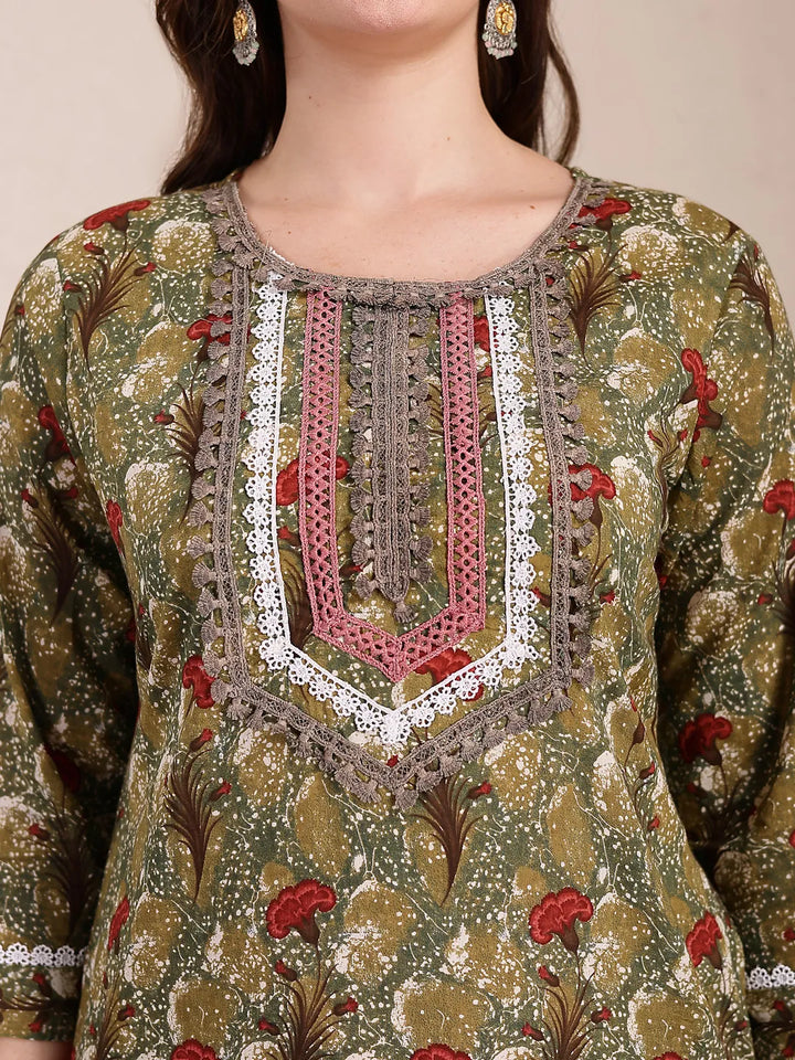 Green Cotton Lace Work On Yoke Straight Kurta Dupatta Pant Set-Yufta Store-6436SKDGRM