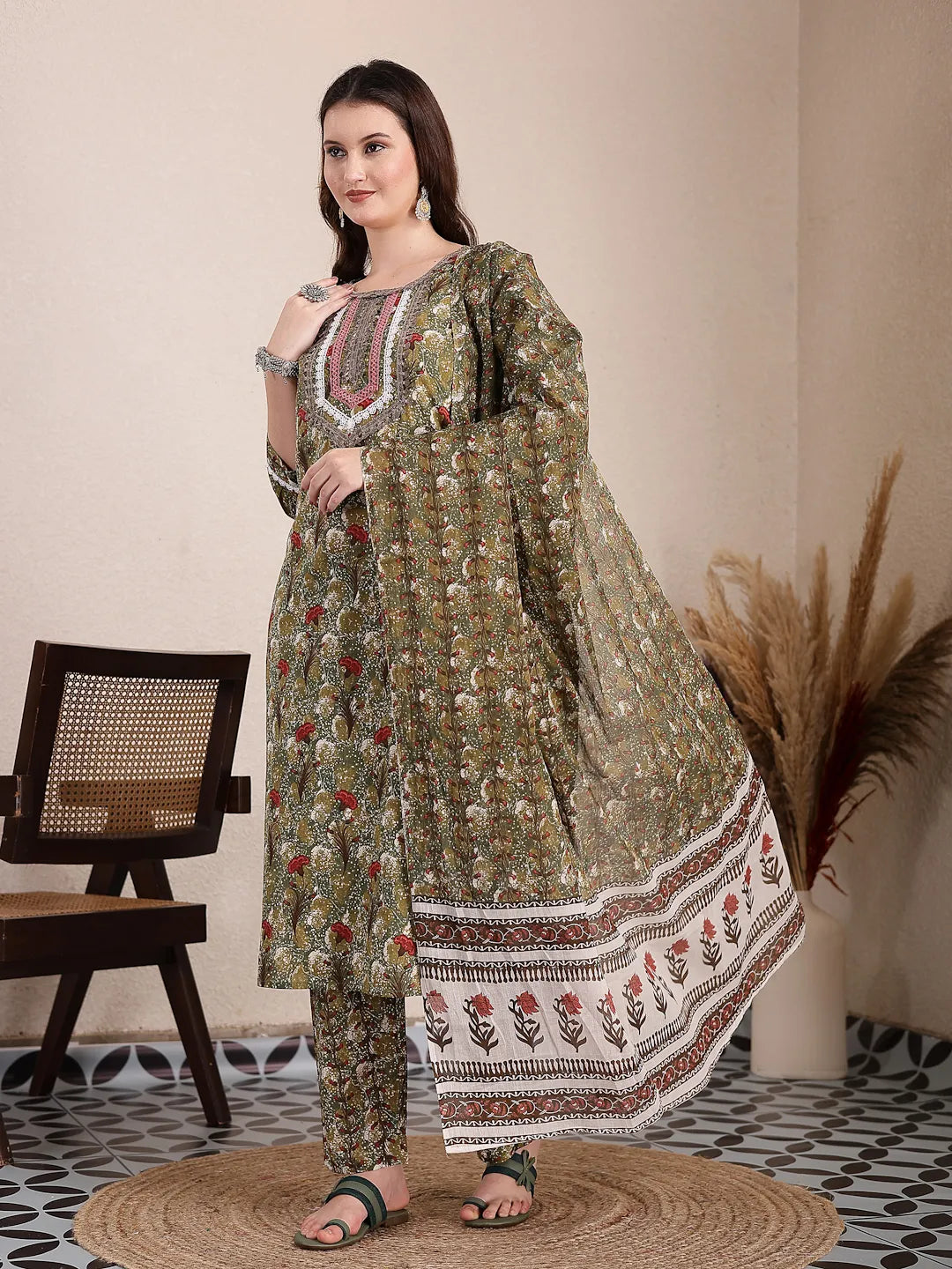 Green Cotton Lace Work On Yoke Straight Kurta Dupatta Pant Set-Yufta Store-6436SKDGRM