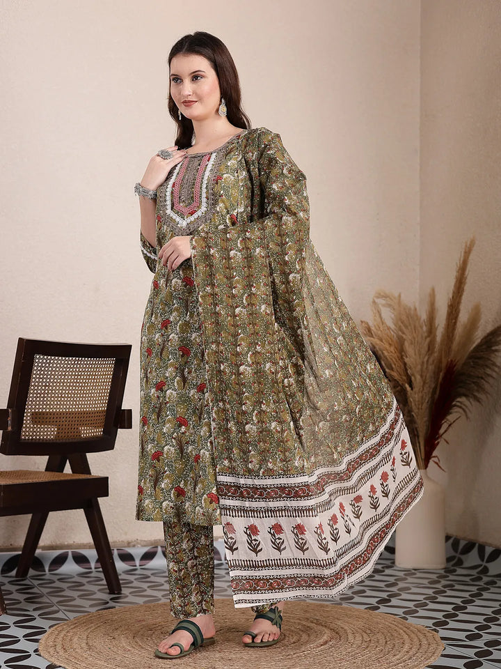 Green Cotton Lace Work On Yoke Straight Kurta Dupatta Pant Set-Yufta Store-6436SKDGRM