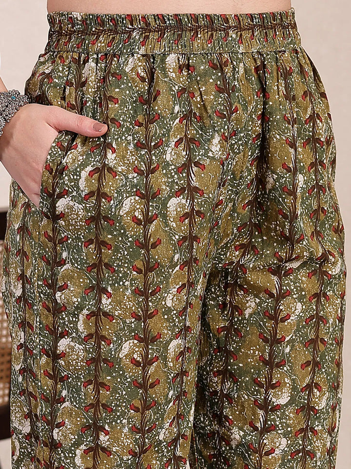 Green Cotton Lace Work On Yoke Straight Kurta Dupatta Pant Set-Yufta Store-6436SKDGRM