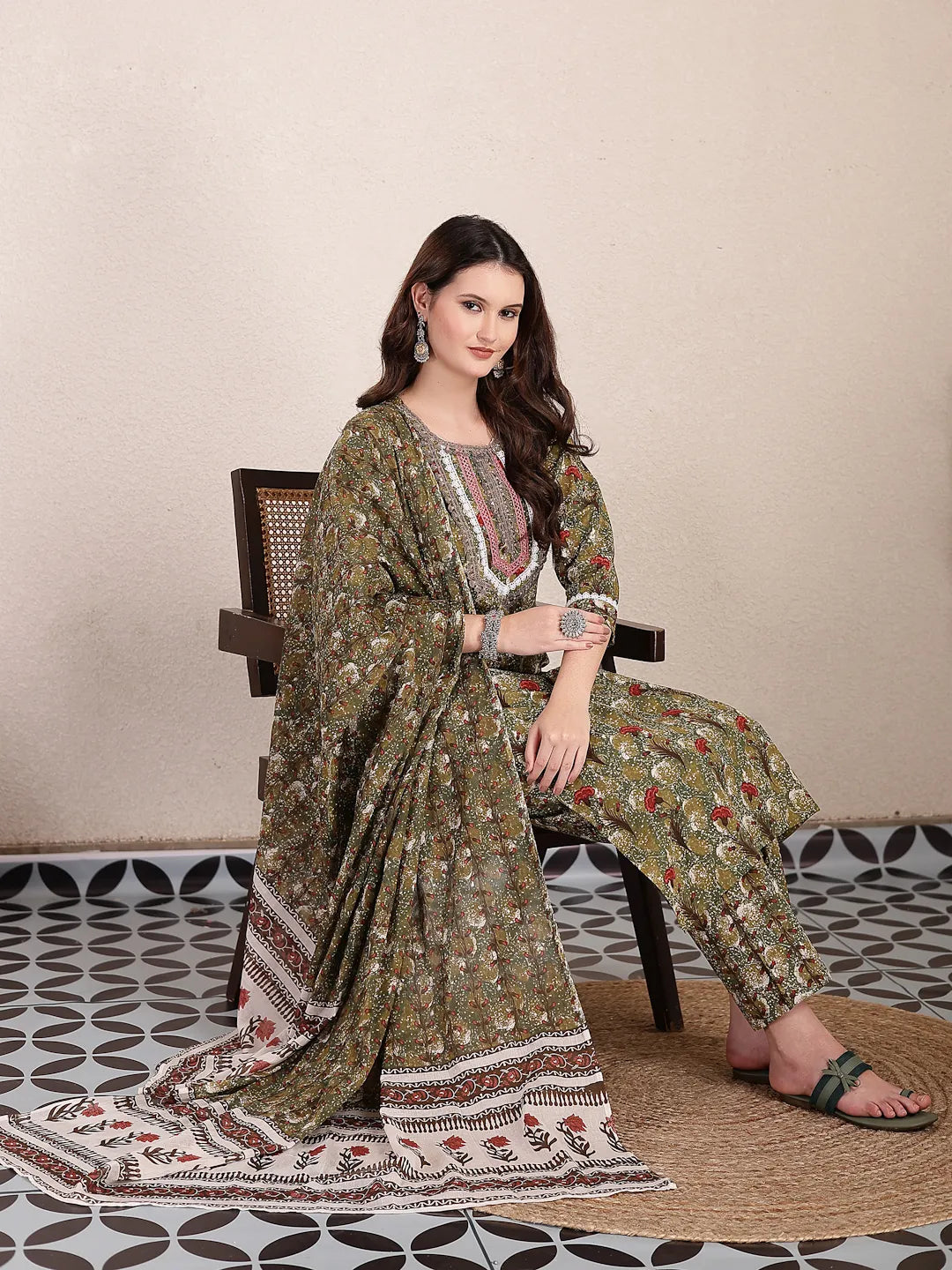 Green Cotton Lace Work On Yoke Straight Kurta Dupatta Pant Set-Yufta Store-6436SKDGRM