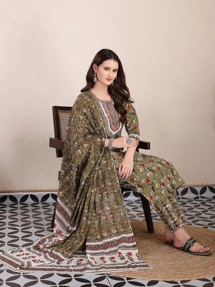 Green Cotton Lace Work On Yoke Straight Kurta Dupatta Pant Set-Yufta Store-6436SKDGRM