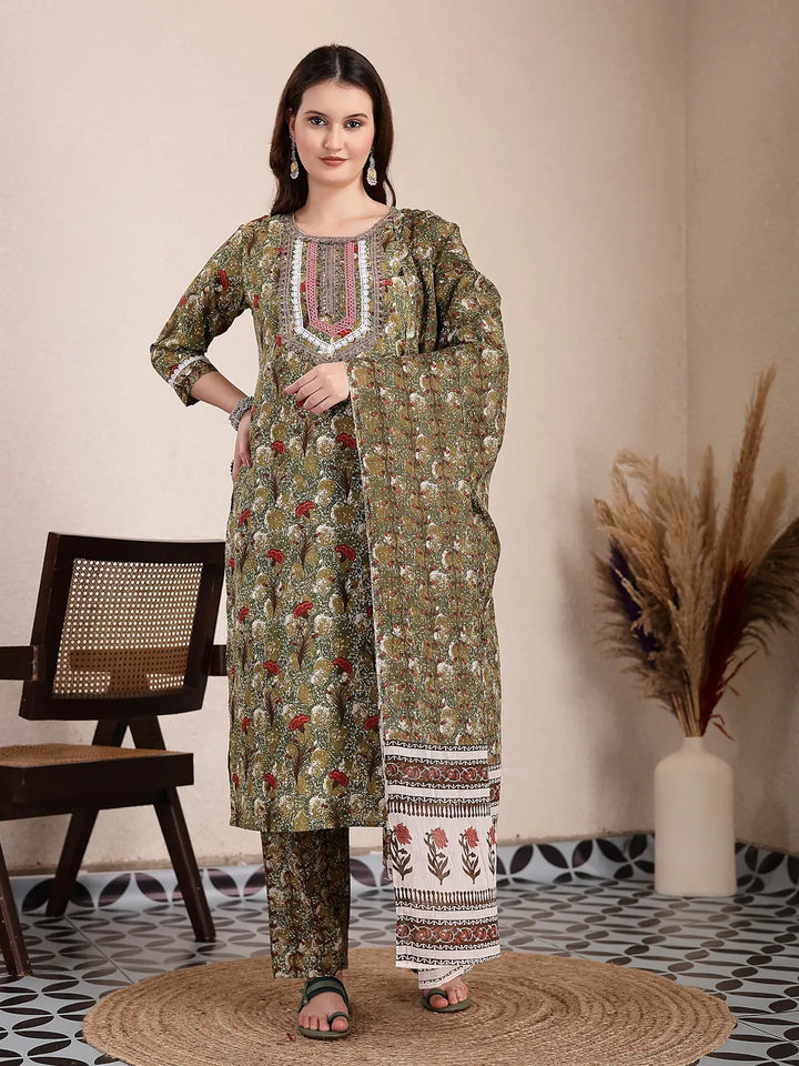 Green Cotton Lace Work On Yoke Straight Kurta Dupatta Pant Set-Yufta Store-6436SKDGRM