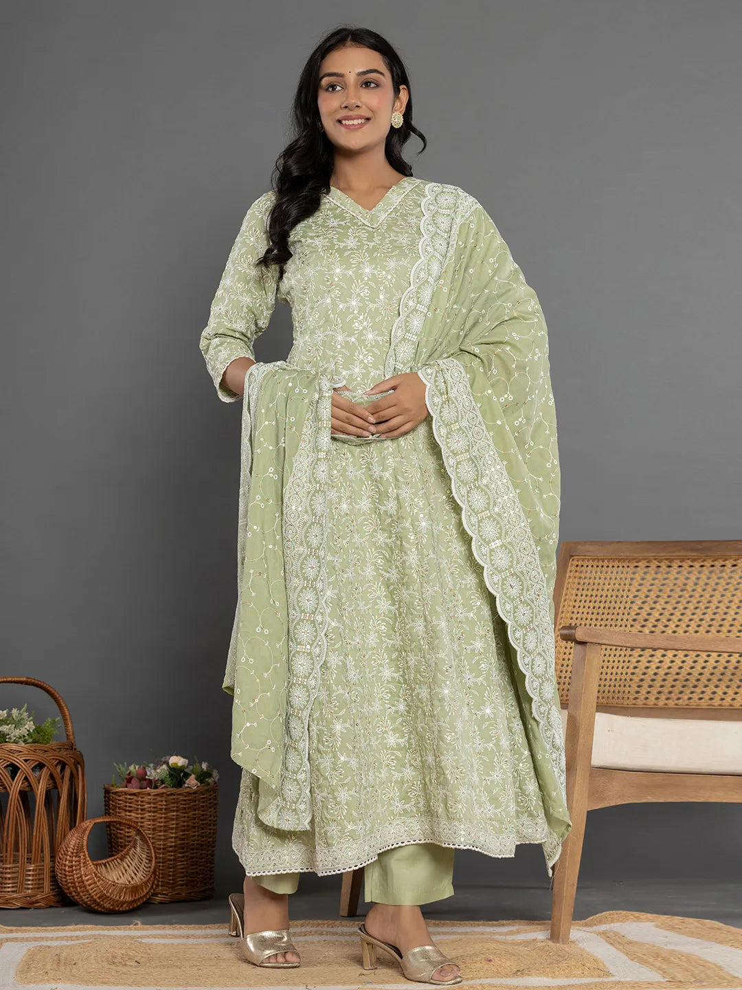 Green Cotton Silk Embroidered Anarkali Kurta Dupatta Set-Yufta Store-7153SKDGRS