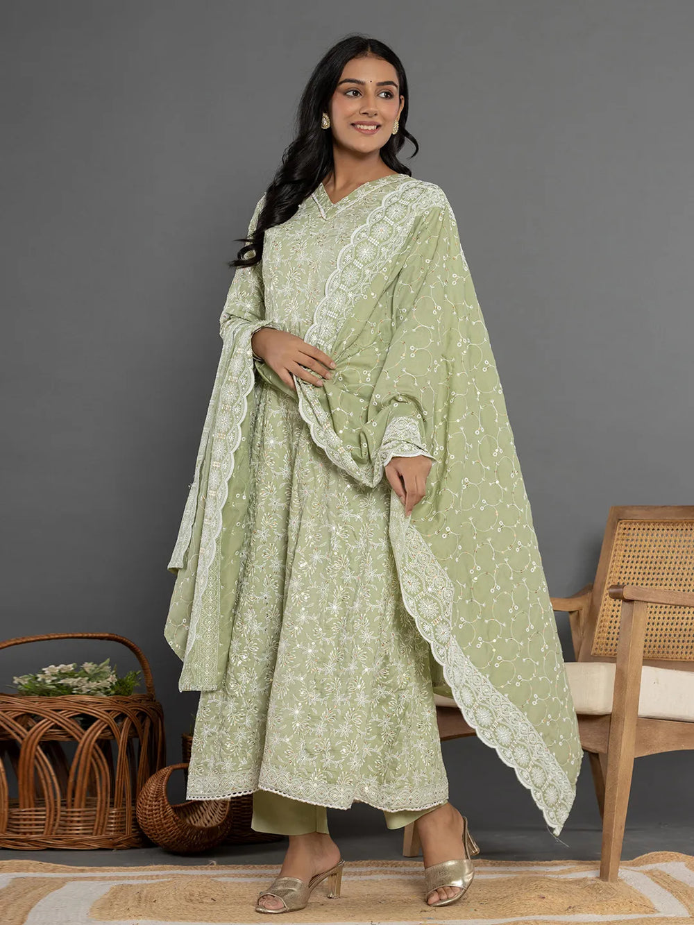 Green Cotton Silk Embroidered Anarkali Kurta Dupatta Set-Yufta Store-7153SKDGRS