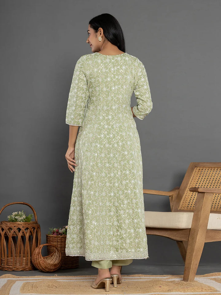 Green Cotton Silk Embroidered Anarkali Kurta Dupatta Set-Yufta Store-7153SKDGRS