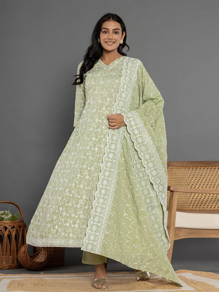 Green Cotton Silk Embroidered Anarkali Kurta Dupatta Set-Yufta Store-7153SKDGRS