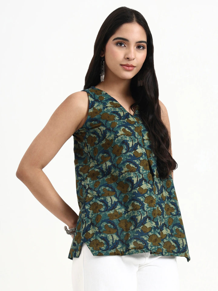 Green Cotton Sleeveless Flare Top