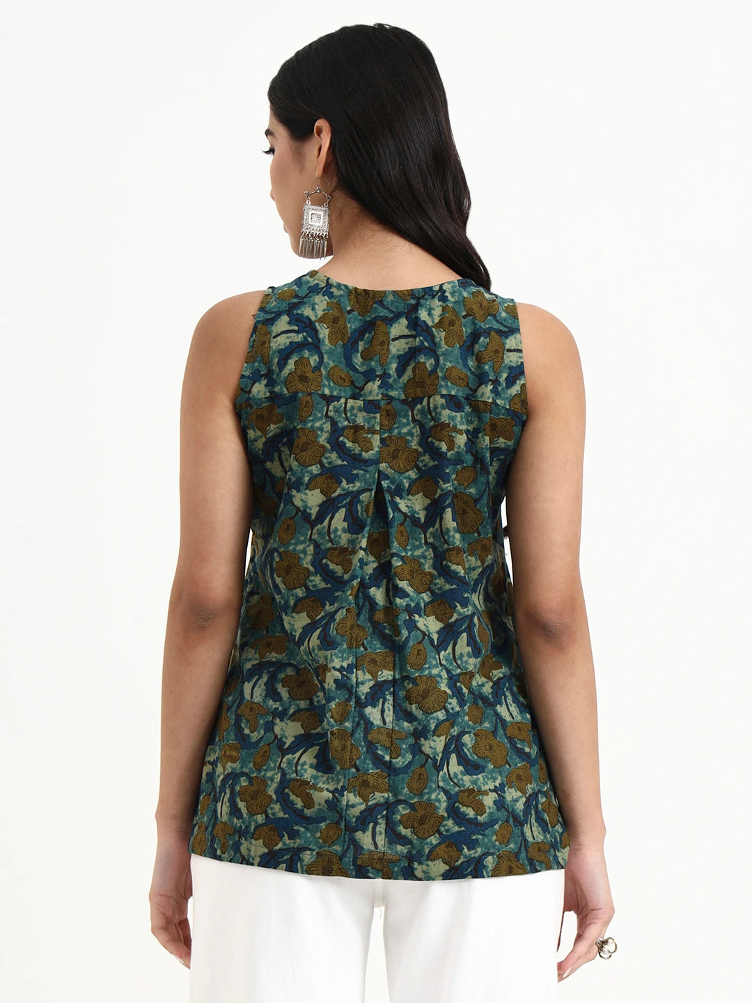 Green Cotton Sleeveless Flare Top