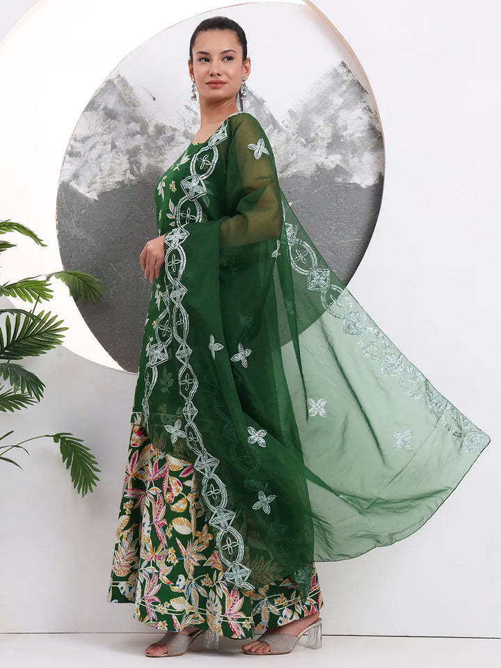 Green Cotton Sleeveless Kurta Palazoo Dupatta Set