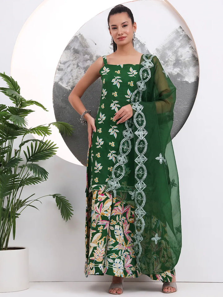 Green Cotton Sleeveless Kurta Palazoo Dupatta Set