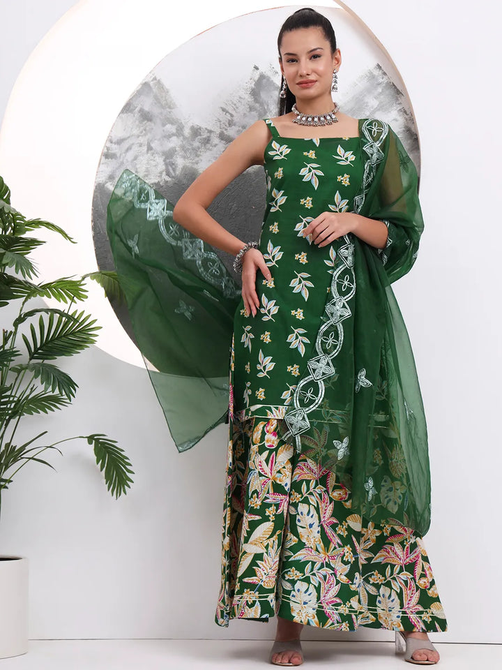 Green Cotton Sleeveless Kurta Palazoo Dupatta Set