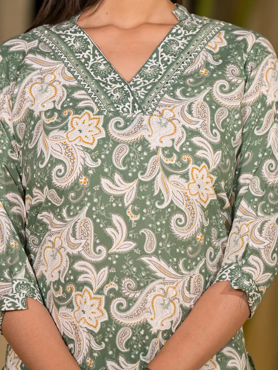 Green Cotton Straight Paisley Print Kurta With Trousers And Dupatta Set-Yufta Store-6840SKDGRS