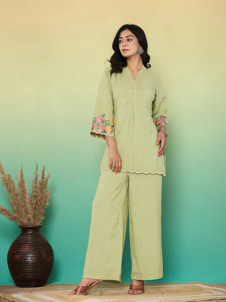 Green Embroidered Co-Ord Set-Yufta Store-6617CRDGRM