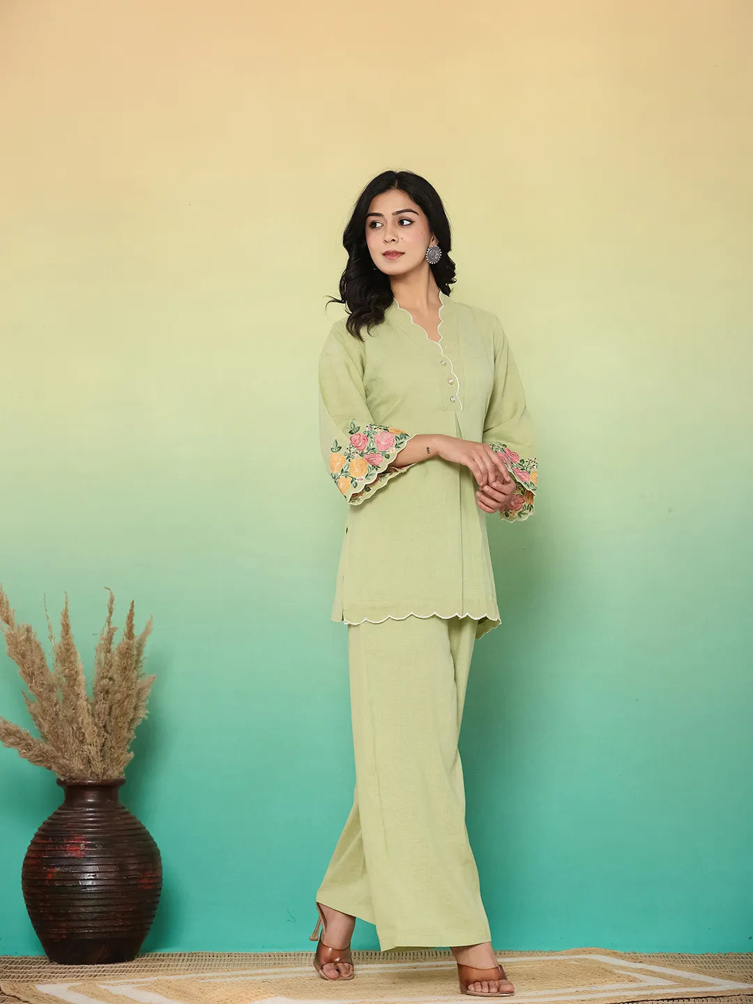 Green Embroidered Co-Ord Set-Yufta Store-6617CRDGRM