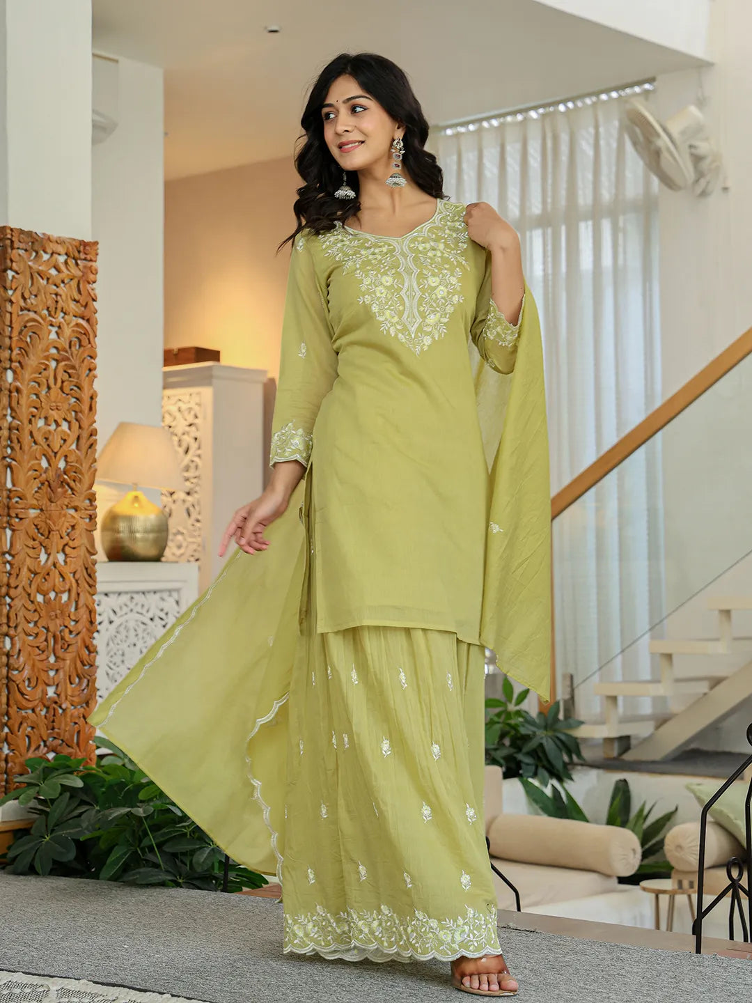 Green Embroidered Kurti Dupatta Set With Lining-Yufta Store-6625SKDGRM