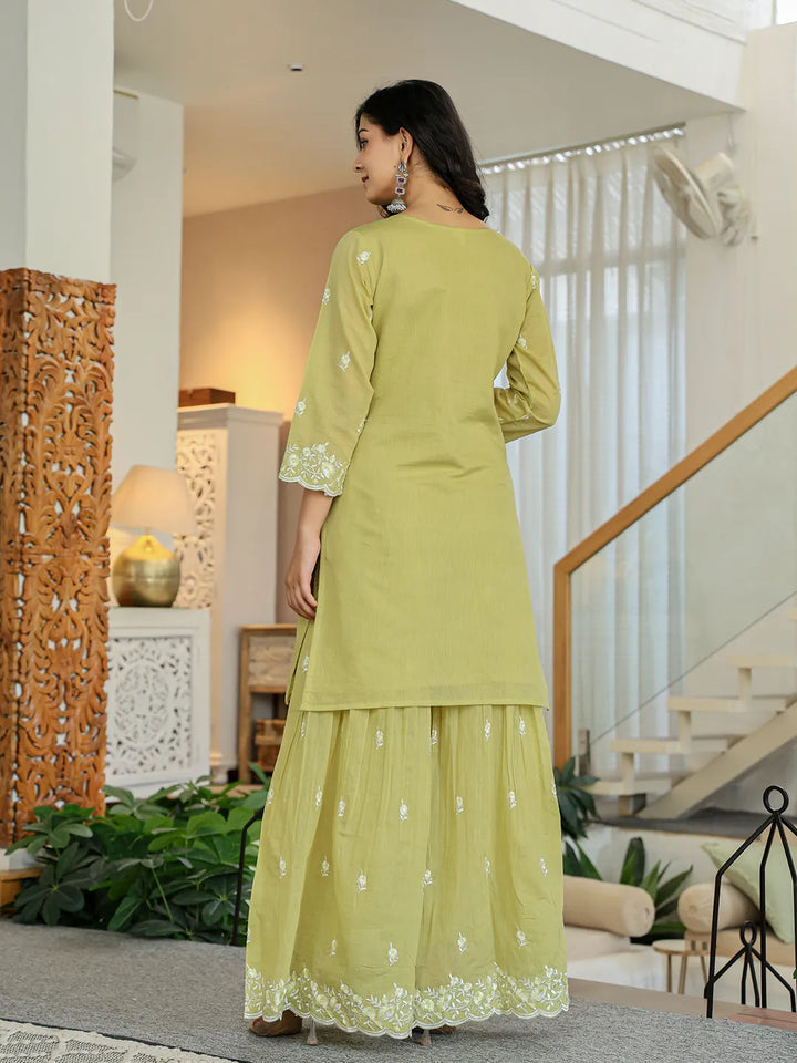 Green Embroidered Kurti Dupatta Set With Lining-Yufta Store-6625SKDGRM