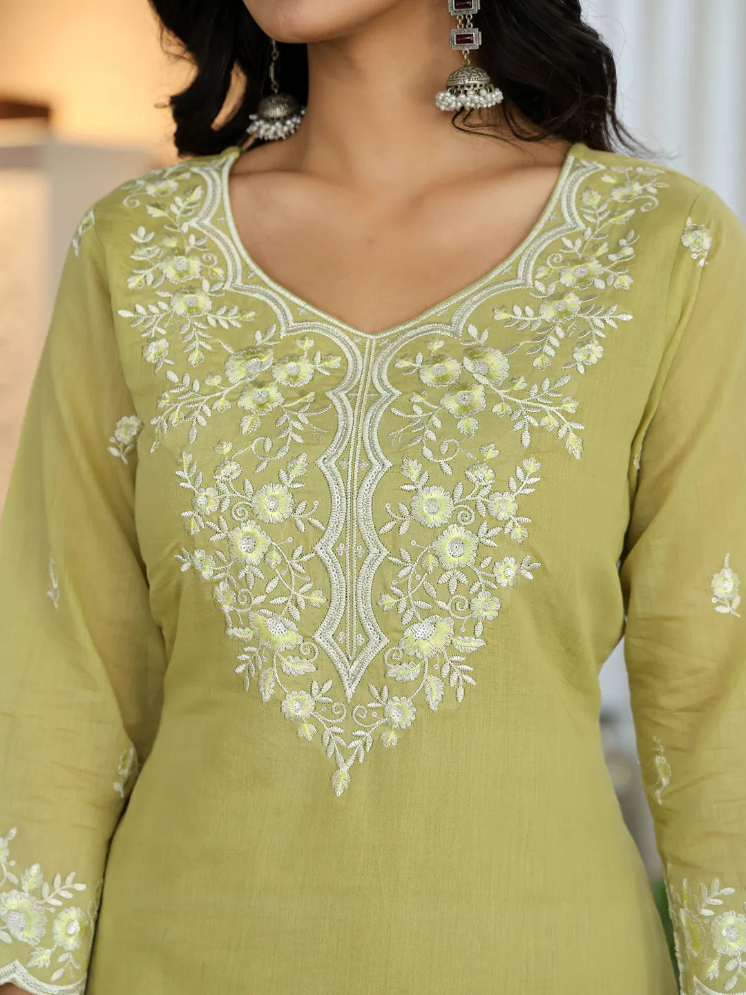 Green Embroidered Kurti Dupatta Set With Lining-Yufta Store-6625SKDGRM