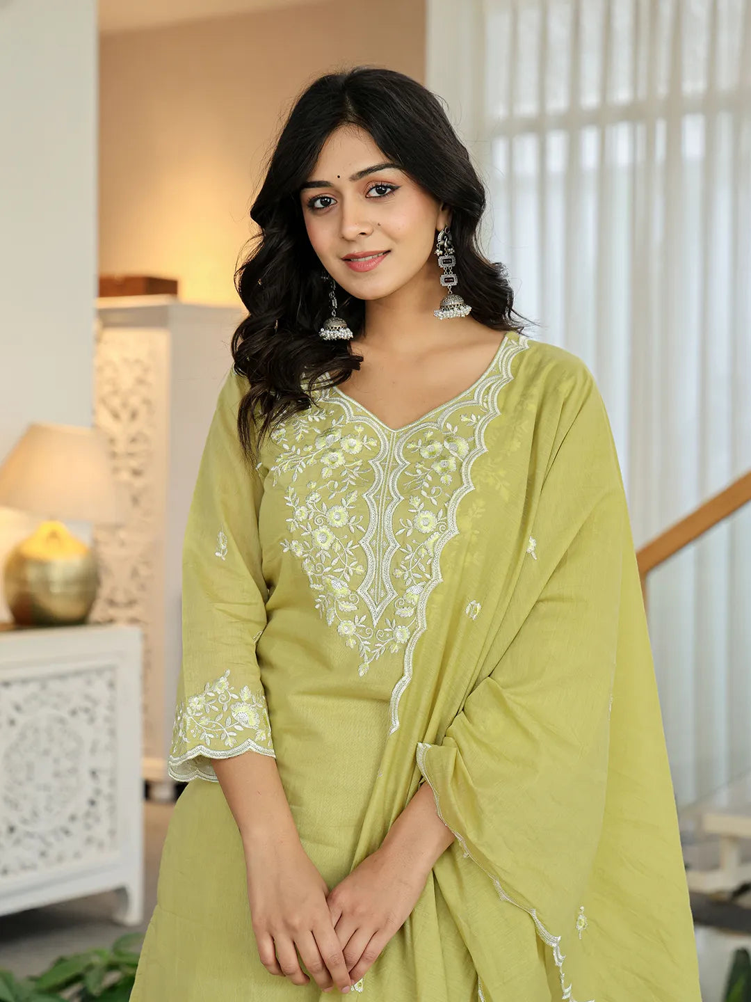 Green Embroidered Kurti Dupatta Set With Lining-Yufta Store-6625SKDGRM