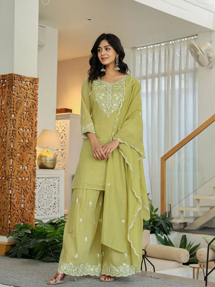 Green Embroidered Kurti Dupatta Set With Lining-Yufta Store-6625SKDGRM