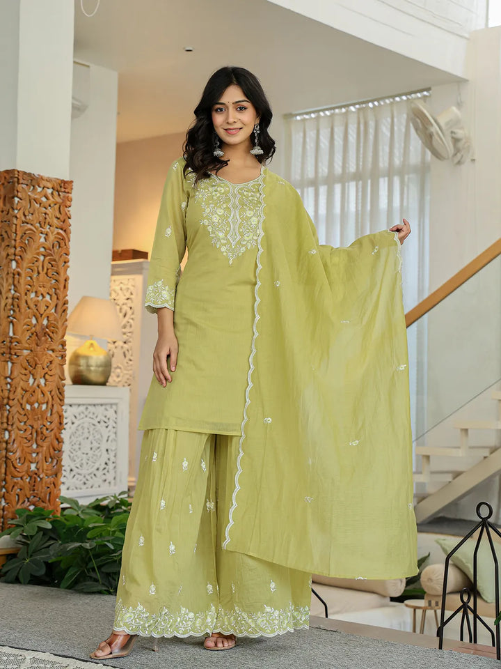 Green Embroidered Kurti Dupatta Set With Lining-Yufta Store-6625SKDGRM