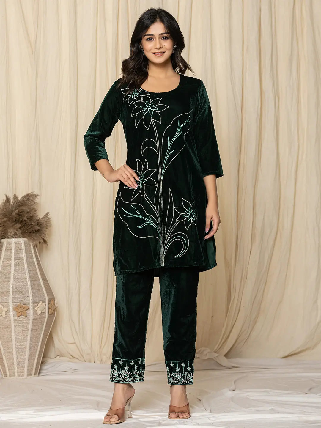 Green Embroidered Velvet Co-Ord Set-Yufta Store-1839CRDGRS