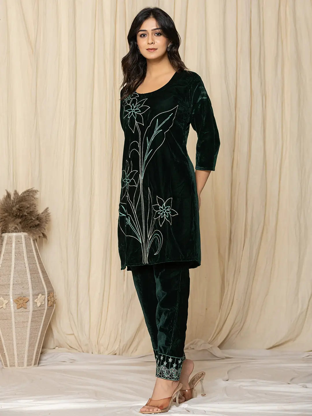 Green Embroidered Velvet Co-Ord Set-Yufta Store-1839CRDGRS