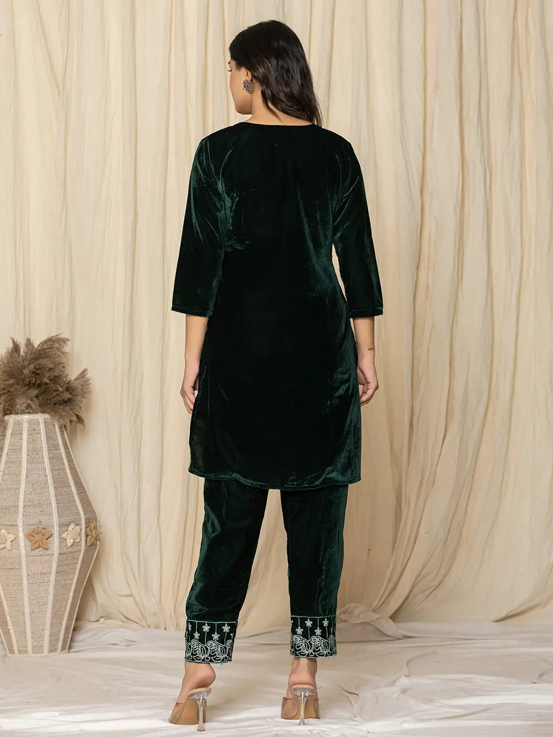 Green Embroidered Velvet Co-Ord Set-Yufta Store-1839CRDGRS