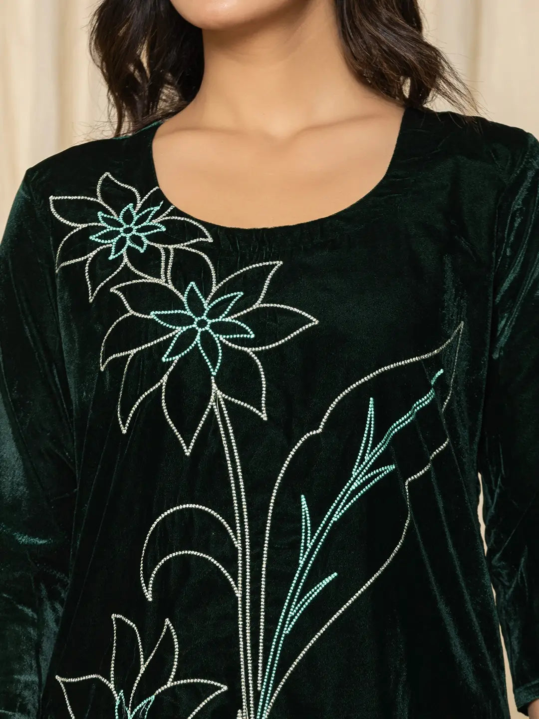 Green Embroidered Velvet Co-Ord Set-Yufta Store-1839CRDGRS