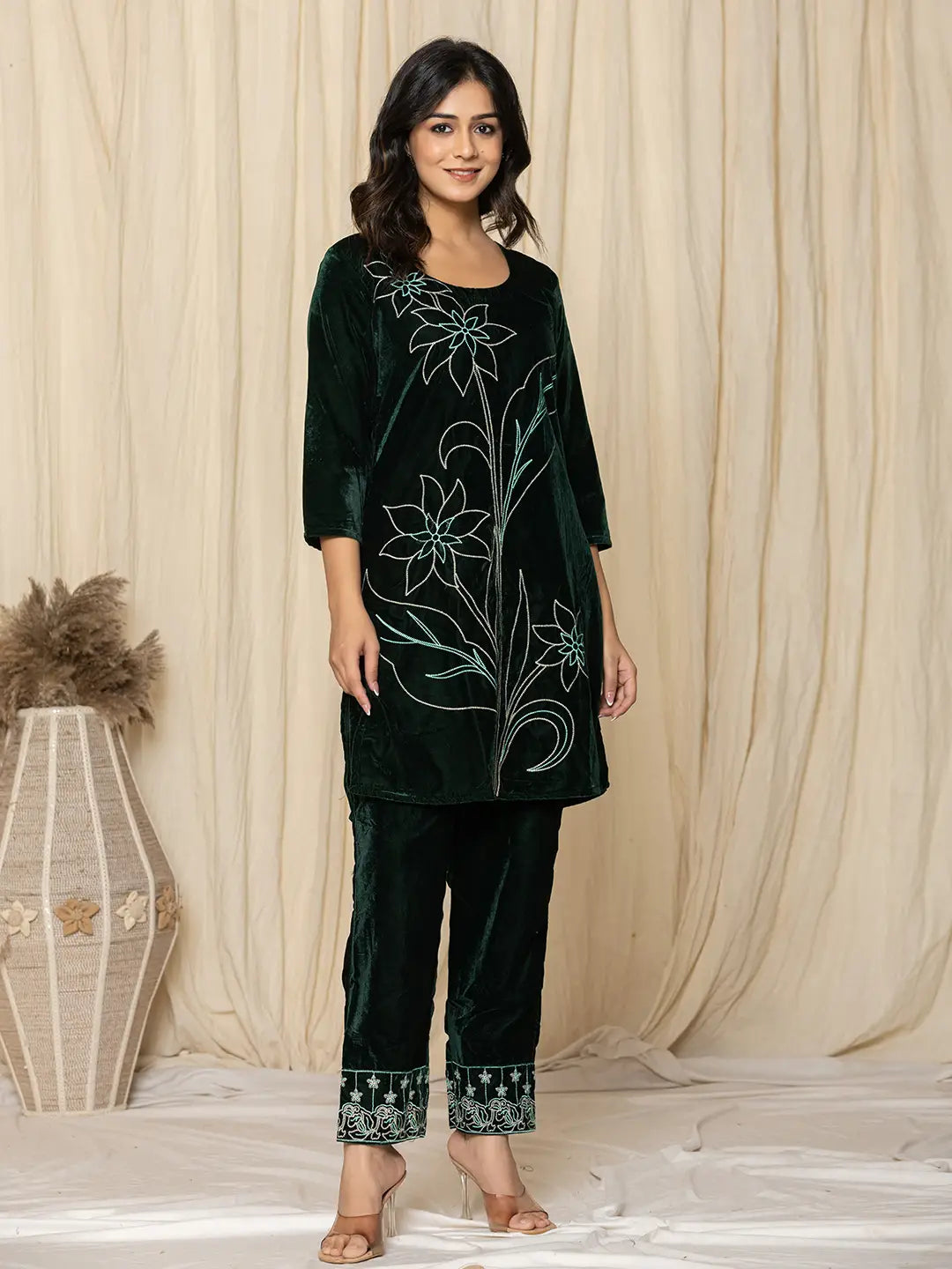 Green Embroidered Velvet Co-Ord Set-Yufta Store-1839CRDGRS