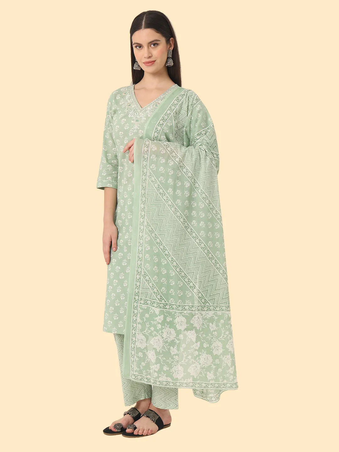 Green Ethnic Motifs Embroidered Regular Chikankari Pure Cotton Kurta with Trousers & With Dupatta-Yufta Store-7356SKDGRM