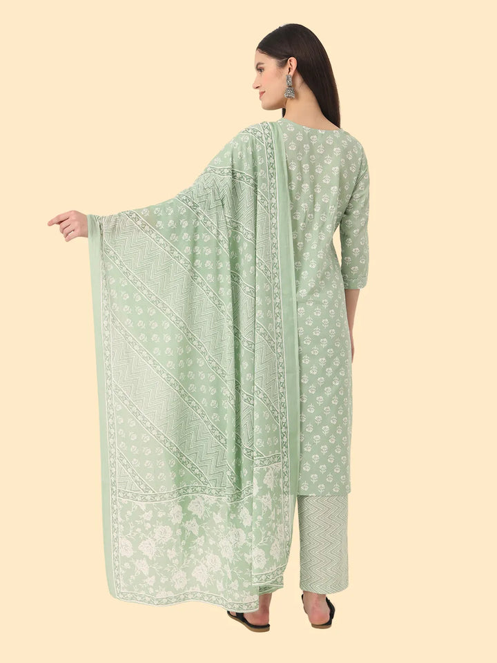 Green Ethnic Motifs Embroidered Regular Chikankari Pure Cotton Kurta with Trousers & With Dupatta-Yufta Store-7356SKDGRM
