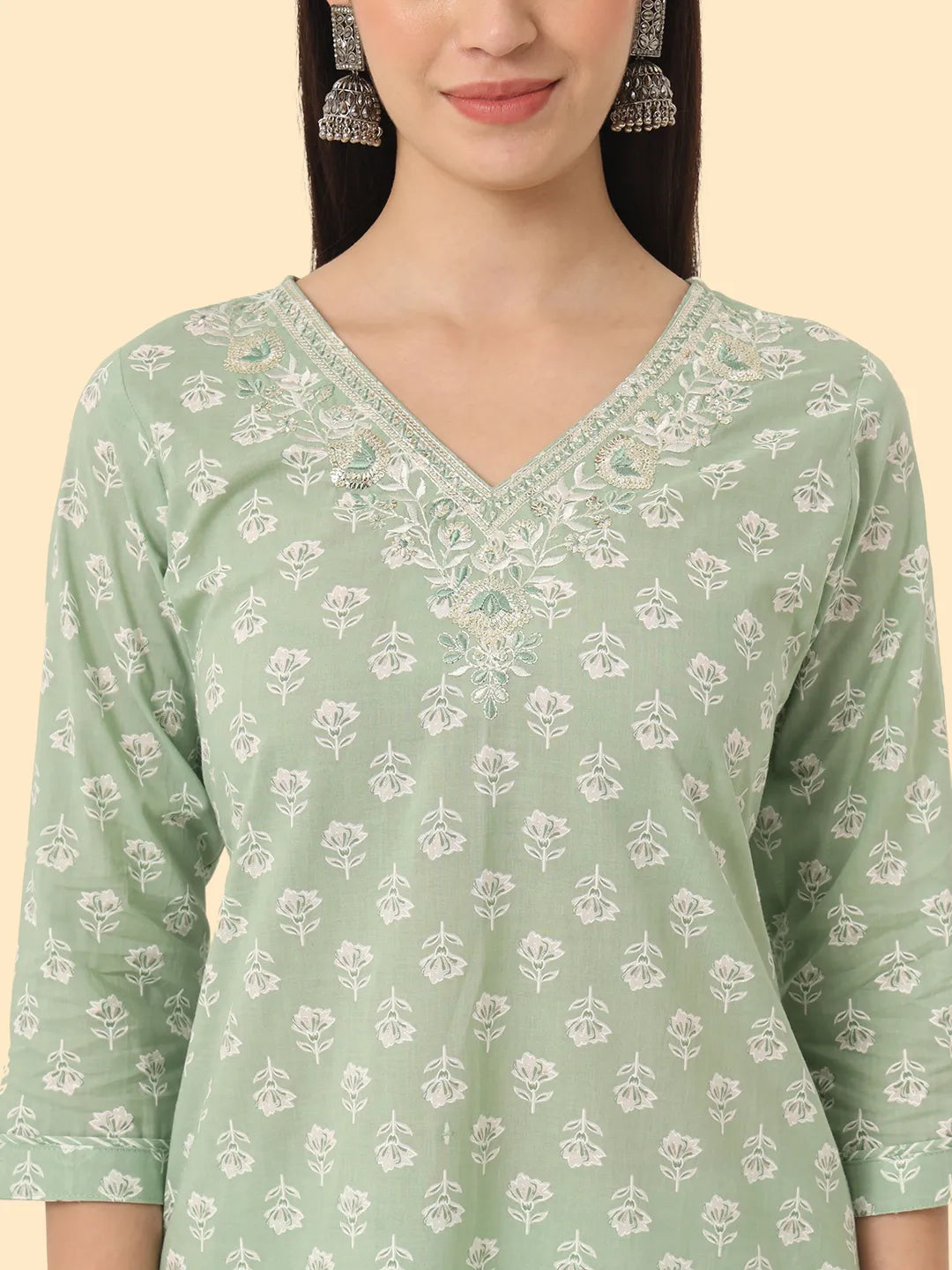 Green Ethnic Motifs Embroidered Regular Chikankari Pure Cotton Kurta with Trousers & With Dupatta-Yufta Store-7356SKDGRM