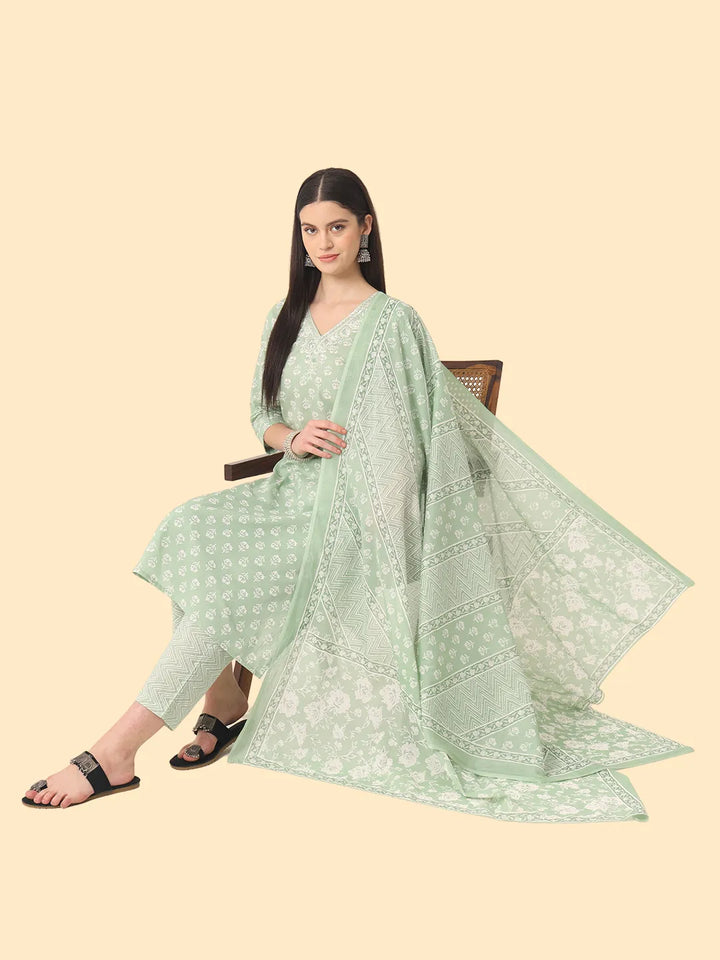Green Ethnic Motifs Embroidered Regular Chikankari Pure Cotton Kurta with Trousers & With Dupatta-Yufta Store-7356SKDGRM