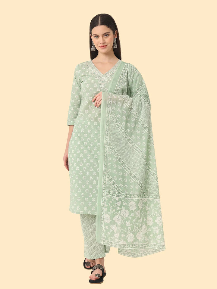 Green Ethnic Motifs Embroidered Regular Chikankari Pure Cotton Kurta with Trousers & With Dupatta-Yufta Store-7356SKDGRM
