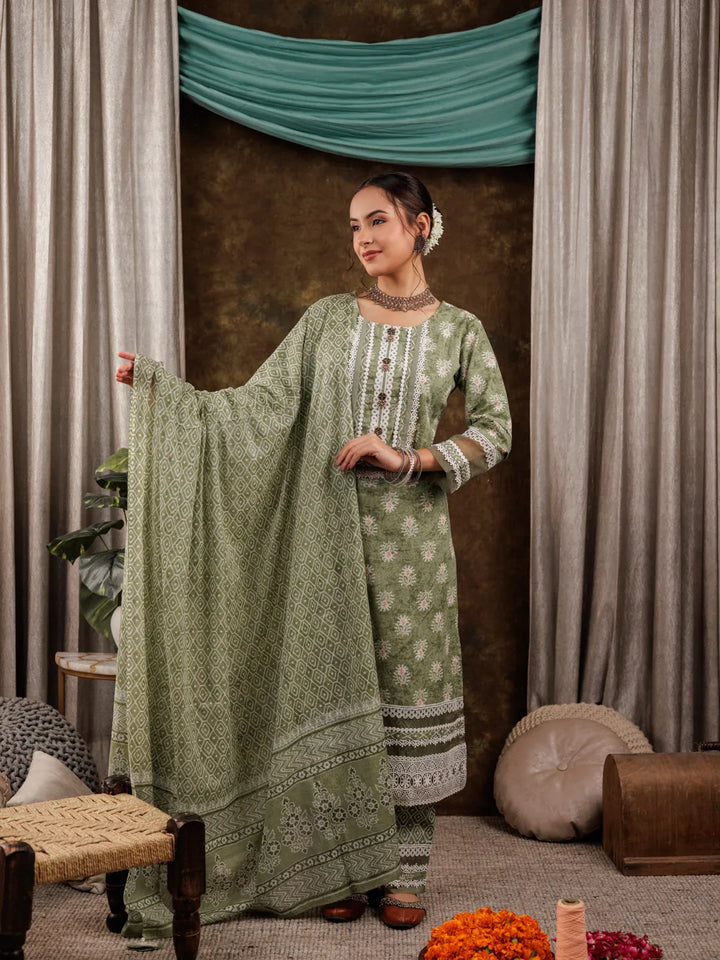 Green Ethnic Motifs Pure Cotton Kurta Dupatta Set With Lace Detailing-Yufta Store-7180SKDGRS