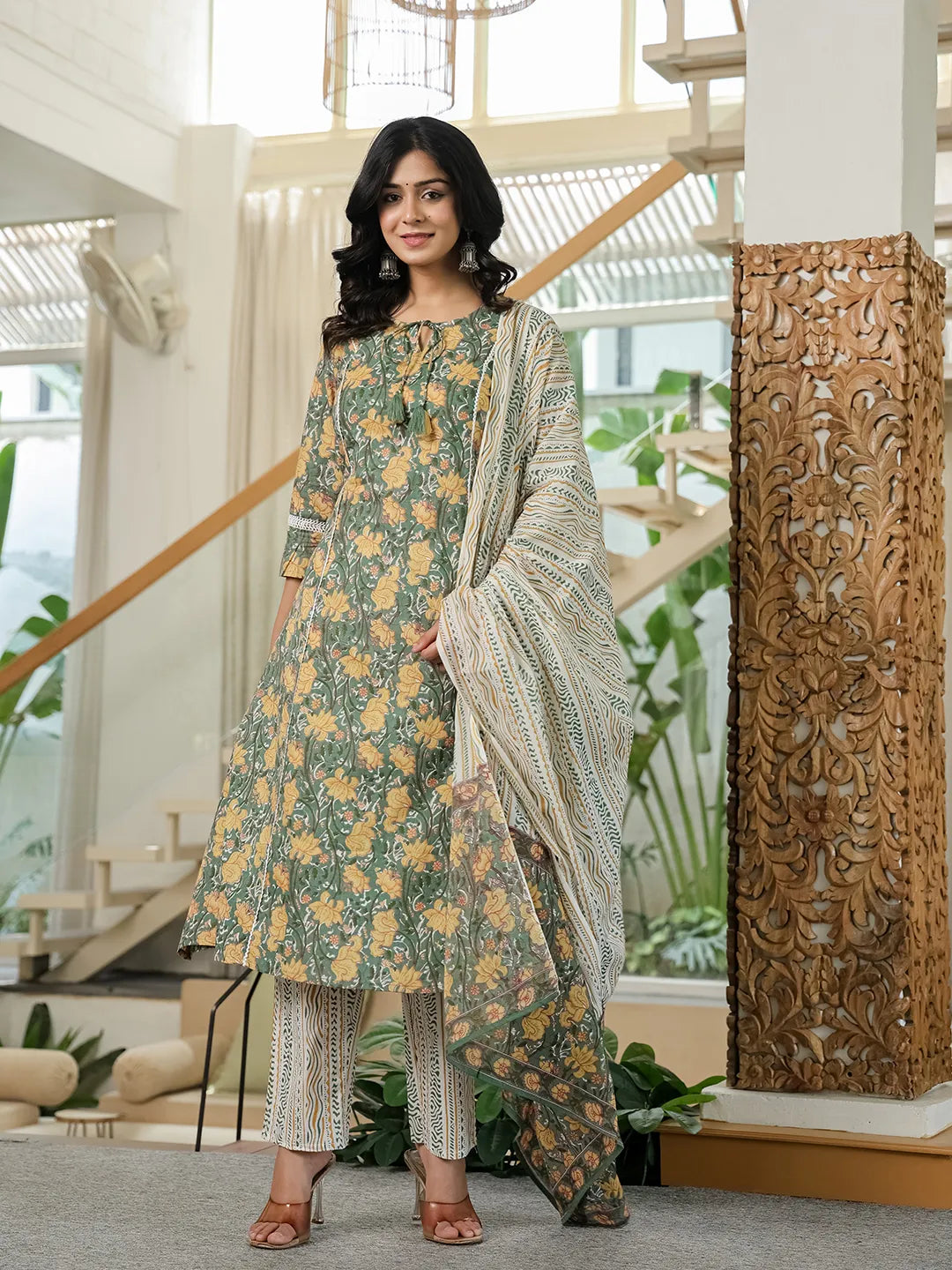 Green Floral A-Line Kurta Trouser Dupatta Set With Lace Work-Yufta Store-6516SKDGRM