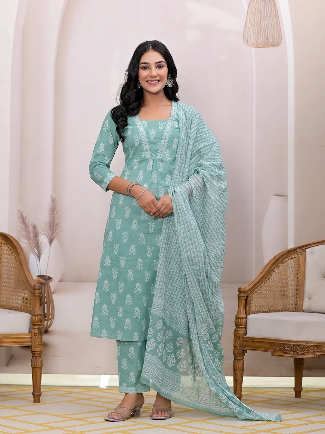 Green Floral Cotton A-Line Suit Set-Yufta Store-7004SKDGRS