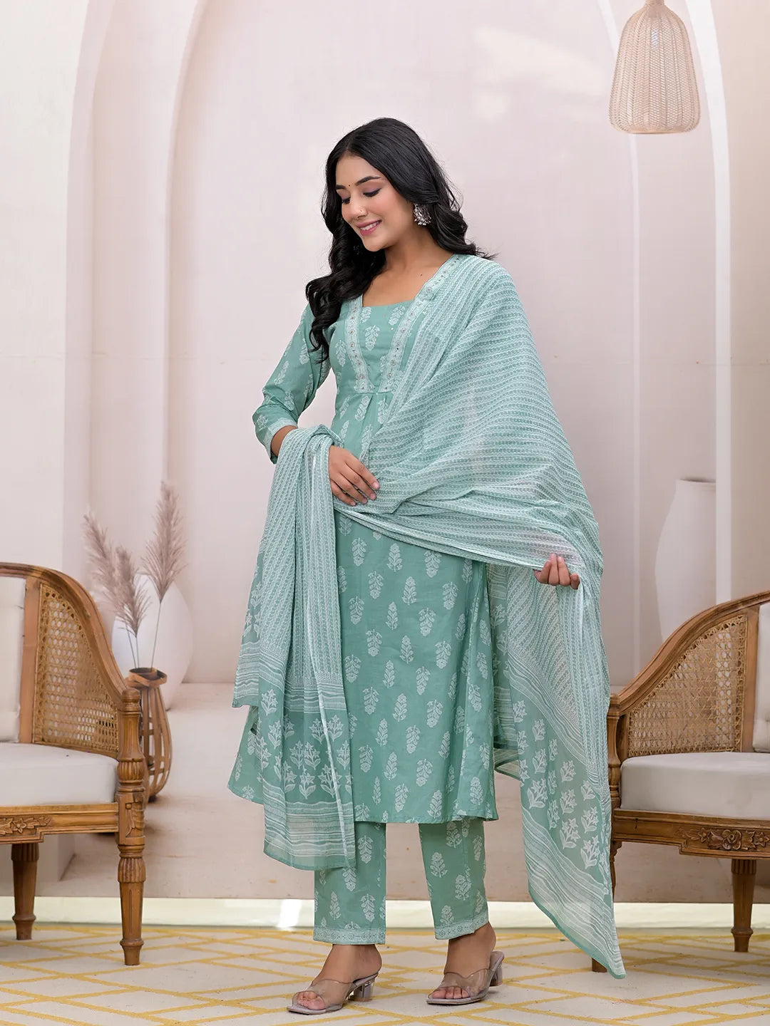 Green Floral Cotton A-Line Suit Set-Yufta Store-7004SKDGRS