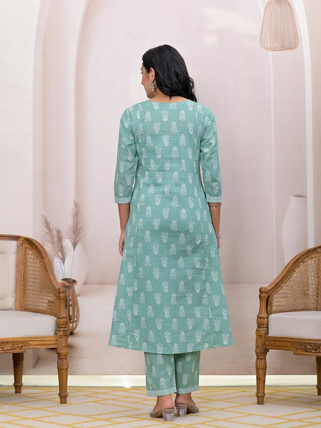 Green Floral Cotton A-Line Suit Set-Yufta Store-7004SKDGRS