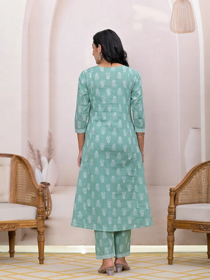 Green Floral Cotton A-Line Suit Set-Yufta Store-7004SKDGRS